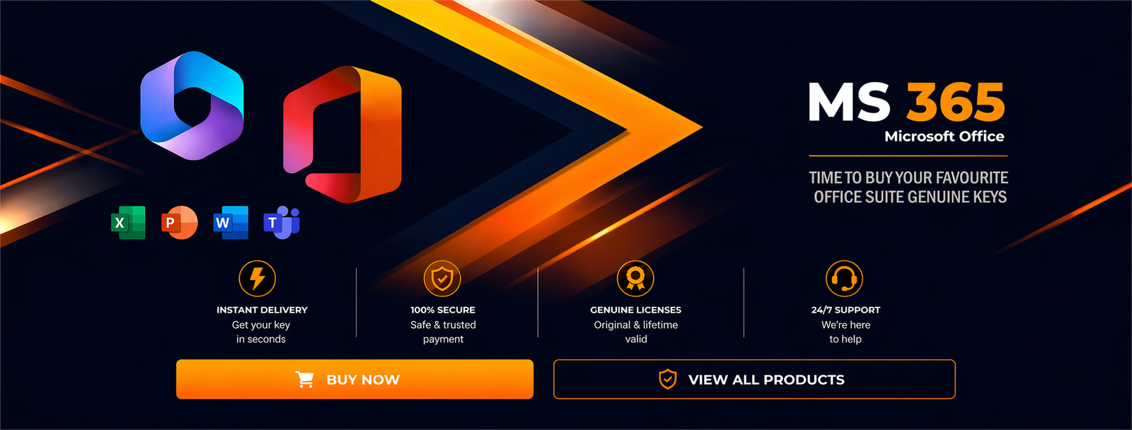 Dark themed banner featuring Microsoft Office 365 branding with colorful app icons, promotional text and call to action buttons for purchasing licenses